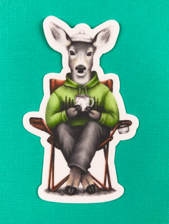 Camping Deer with Coffee Sticker